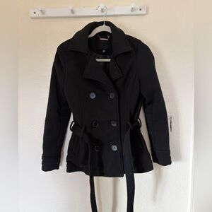 Women’s Black Double-Breasted Belted Peacoat Jacket